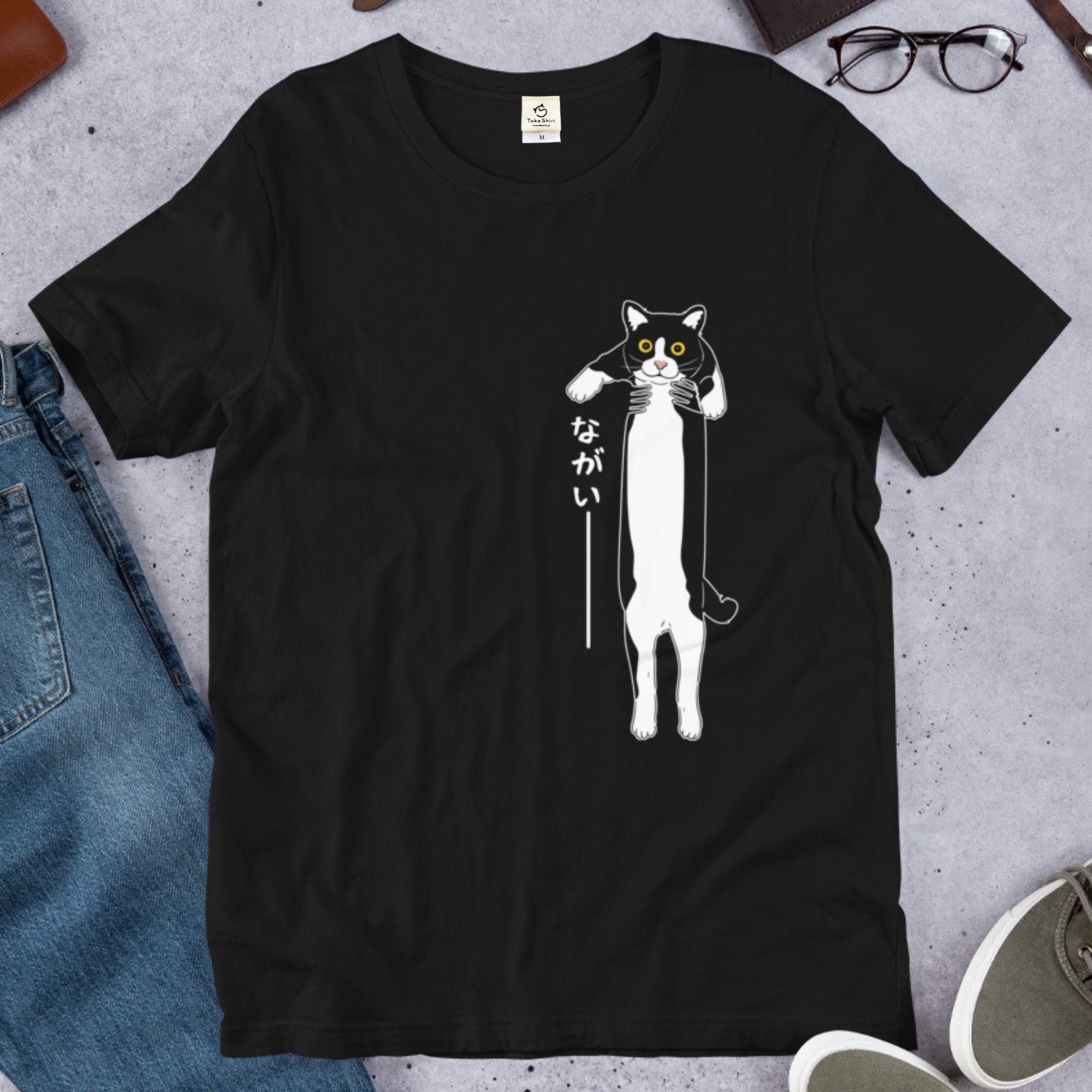猫tシャツ ねこ 猫イラスト おもしろ tシャツ かわいい ハチワレ猫 ながいー|アダルト&キッズサイズ.
